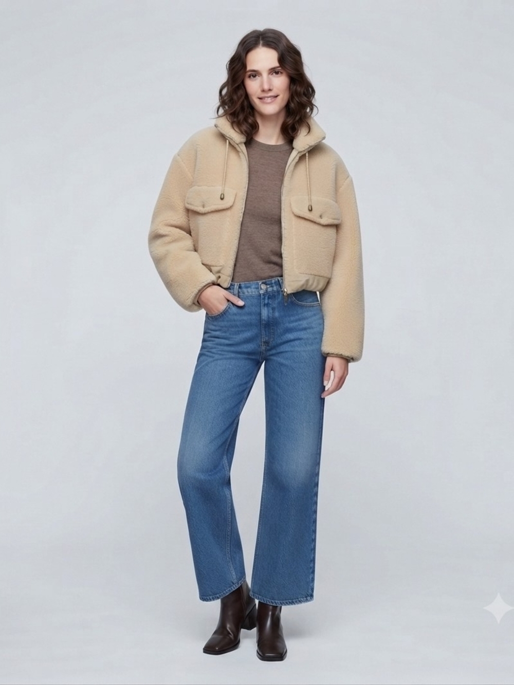 ZARA Neutral Beigee Faux Shearling Teddy Crop Jacket Coat Size M